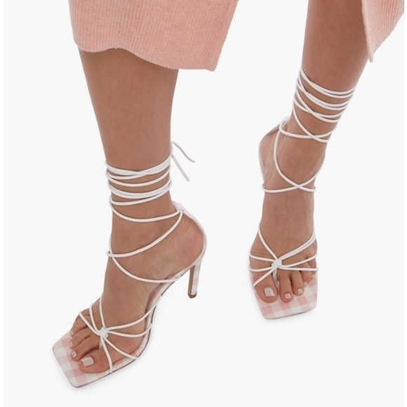 NEW Just Fab Scarlett Gladiator Heeled Lace Up Square Toe White & Gingham Sandal - Picture 2 of 11